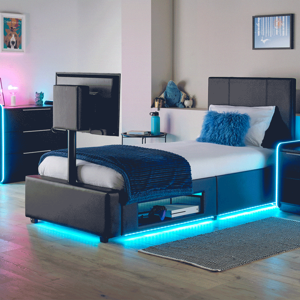 Ava Upholstered TV Bed with LED Lights - Black (4 Sizes)