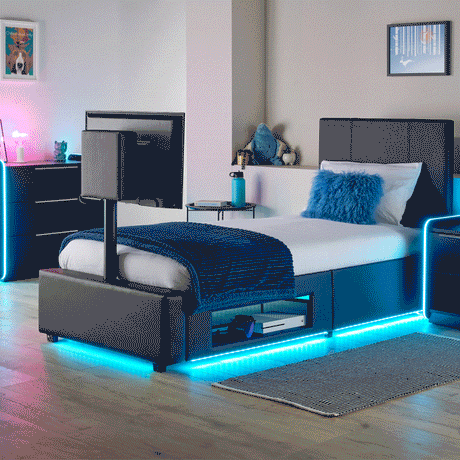 Ava Upholstered TV Bed with LED Lights - Black (4 Sizes)