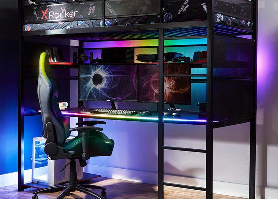 Battlebunk Gaming High Sleeper Bed with Neo Motion SYNC® RGB Lighting and Desk