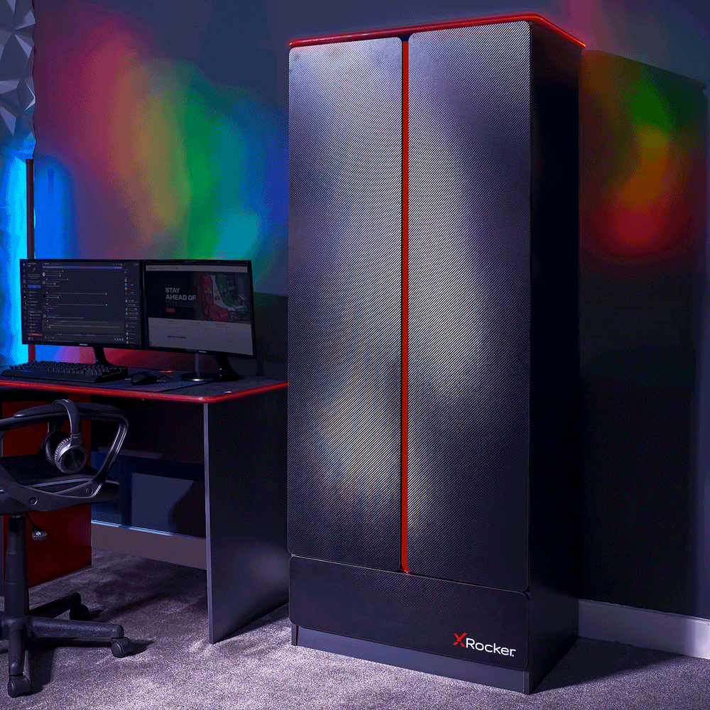 Carbon-Tek 2 Door Wardrobe with Drawer and LED Lights - Grey / Red