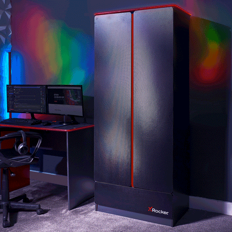 Carbon-Tek 2 Door Wardrobe with Drawer and LED Lights - Grey / Red