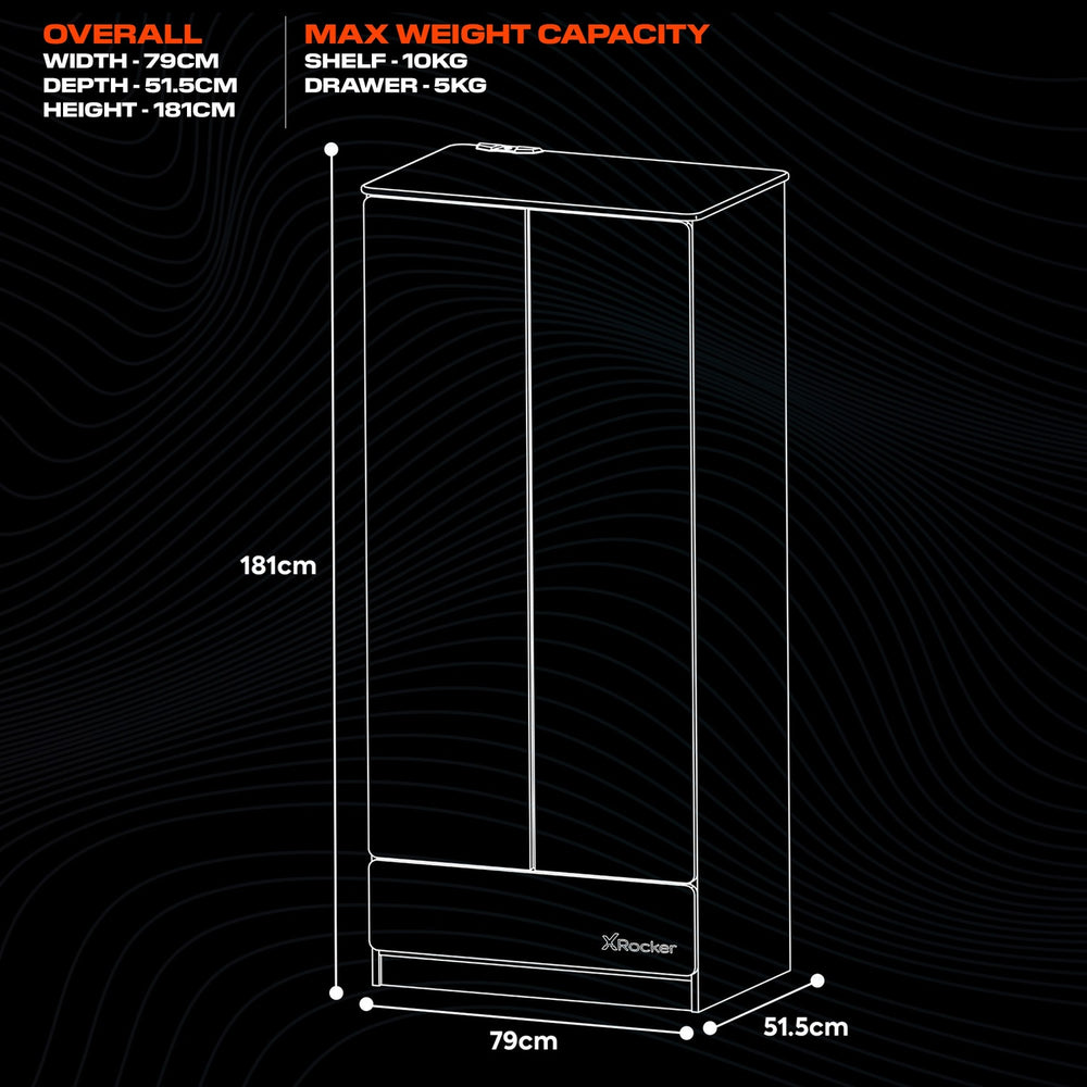 Carbon-Tek 2 Door Wardrobe with Drawer and LED Lights - Grey / Blue