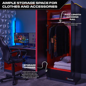 Carbon-Tek 2 Door Wardrobe with Drawer and LED Lights - Grey / Red