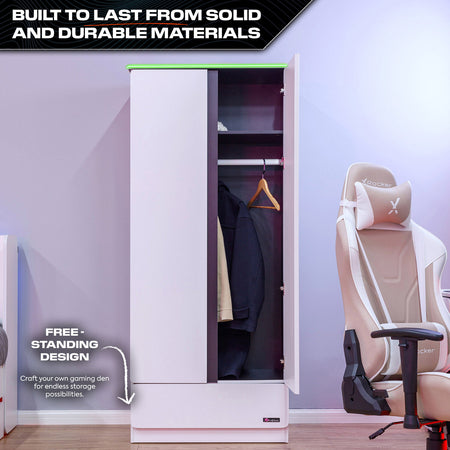 Carbon-Tek 2 Door Wardrobe with Drawer and LED Lights - White