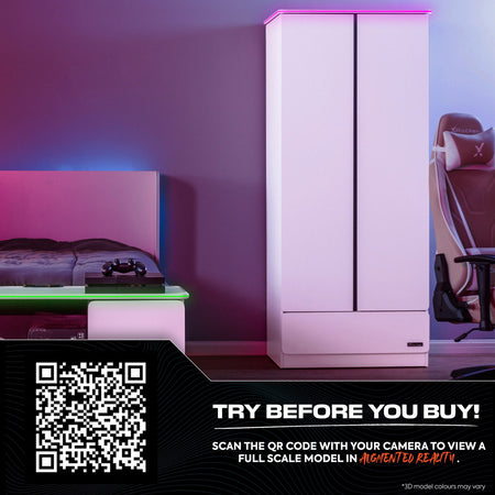 Carbon-Tek 2 Door Wardrobe with Drawer and LED Lights - White